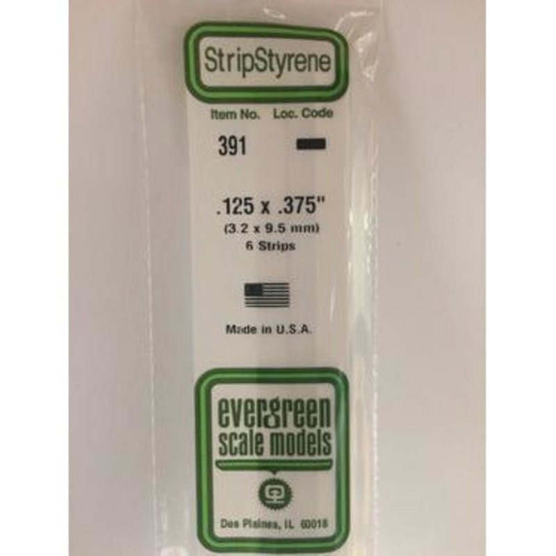 Evergreen #391 Styrene Strips: Dimensional 6 pack 0.125 (3.2mm) x 0.375 (9.5mm) x 24 (60cm)