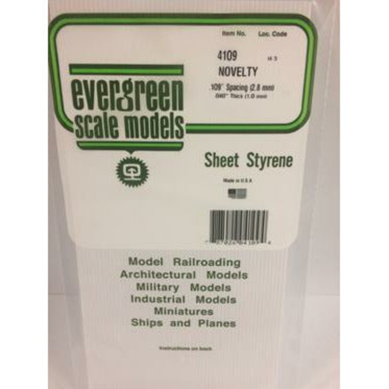 Evergreen #4109 Styrene Siding: Novelty 0.109 (2.7mm) Spacing x 0.040 (0.75mm) Thick 6 x 12