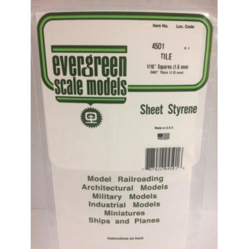 Evergreen #4501 Tile: Square 1/16 (1.6mm) x 1/16 (1.6mm) x 0.014 (0.35mm)