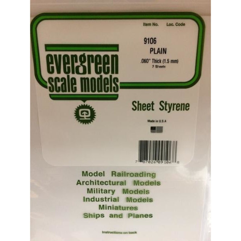 Evergreen #9106 Styrene Sheets: White 2 pack 0.060 (1.5mm) x 8 x 21