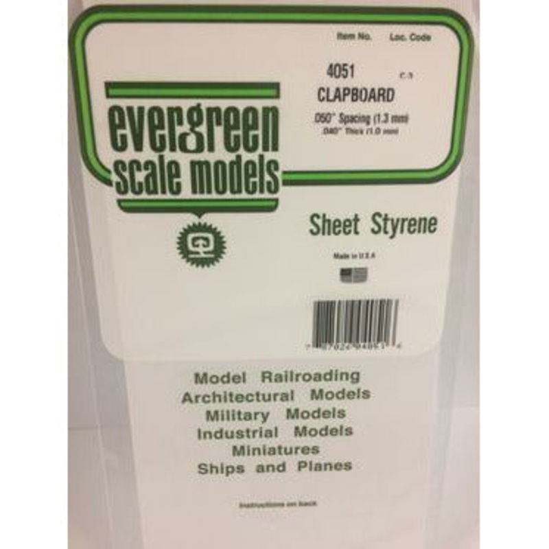 Evergreen #4051 Styrene Siding: Clapboard 0.050 (1.3 mm) Spacing x 0.040 (1.0mm) Thick 6 x 12