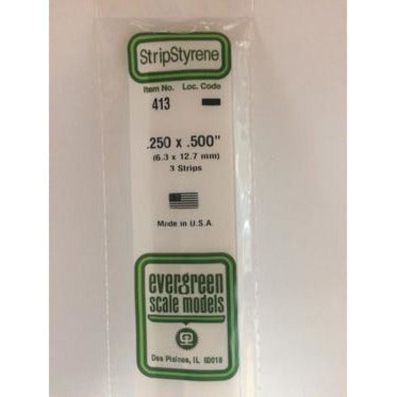Evergreen #413 Styrene Strips: Dimensional 3 pack 0.250 (6.3mm) x 0.500 (12.7mm) x 24 (60cm)