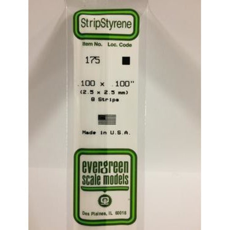 Evergreen #175 Styrene Strips: Dimensional 8 pack 0.100 (2.5mm) x 0.100 (2.5mm) x 14 (35cm)