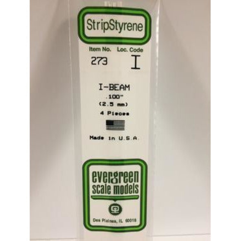Evergreen #273 Styrene Shapes: I-Beam 4 pack 0.100 (2.5mm) x W: 0.060 (1.5mm) x FT: 0.010 (0.25mm) x WT: 0.018 (0.46mm)