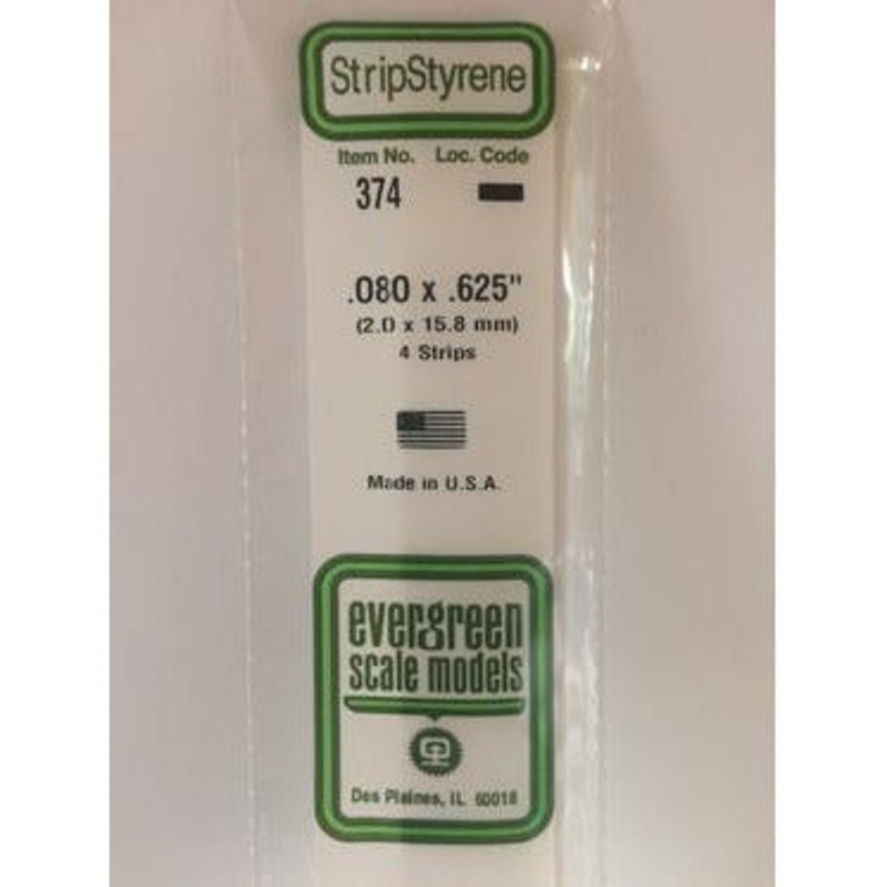 Evergreen #374 Styrene Strips: Dimensional 4 pack 0.080 (2.0mm) x 0.625 (15.8mm) x 24 (60cm)