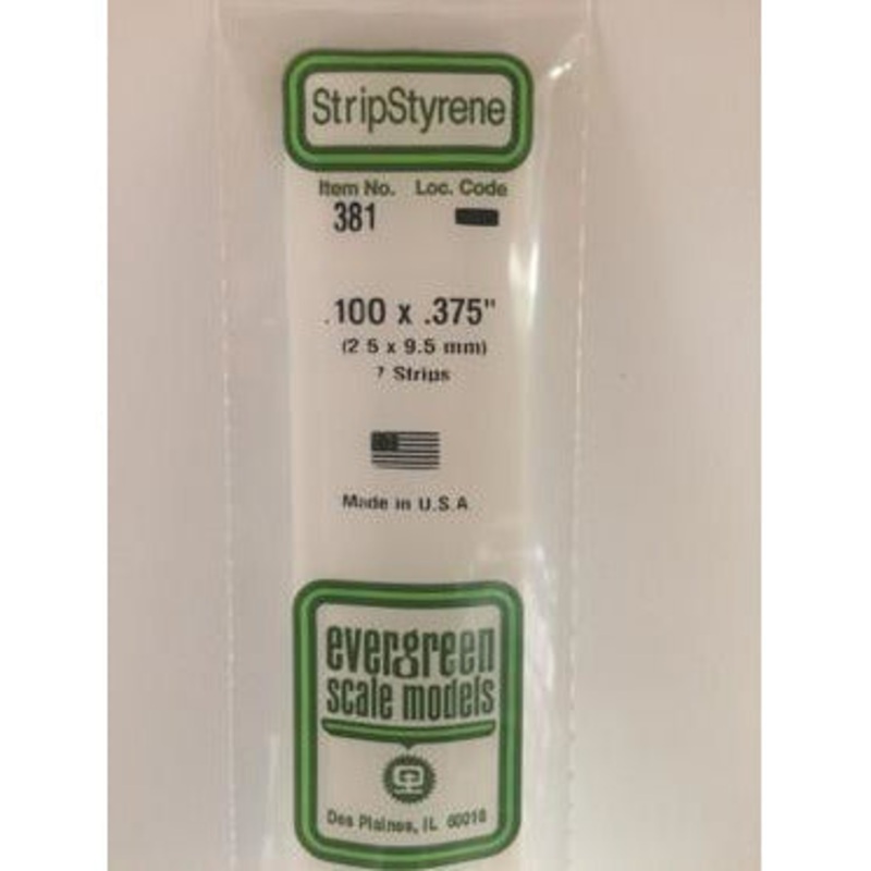 Evergreen #381 Styrene Strips: Dimensional 7 pack 0.100 (2.5mm) x 0.375 (9.5mm) x 24 (60cm)