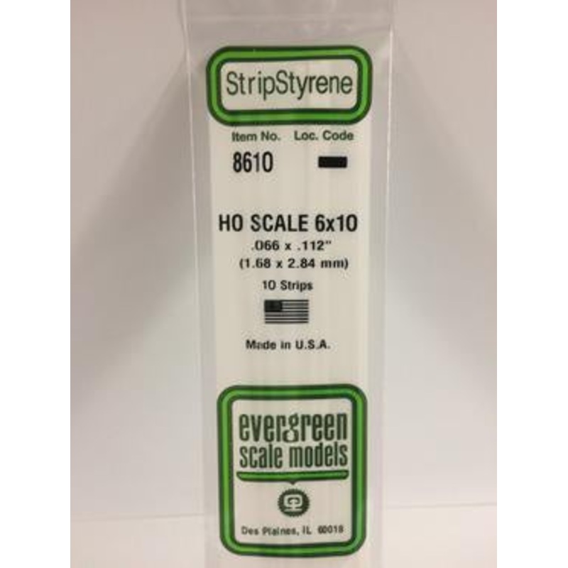Evergreen #8610 – .066 X .112 / 1.7mm X 2.8mm Opaque White Polystyrene Ho Scale Strips (6×10)