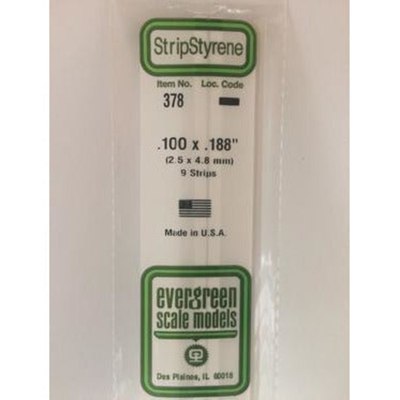 Evergreen #378 Styrene Strips: Dimensional 9 pack 0.100 (2.5mm) x 0.188 (4.8mm) x 24 (60cm)