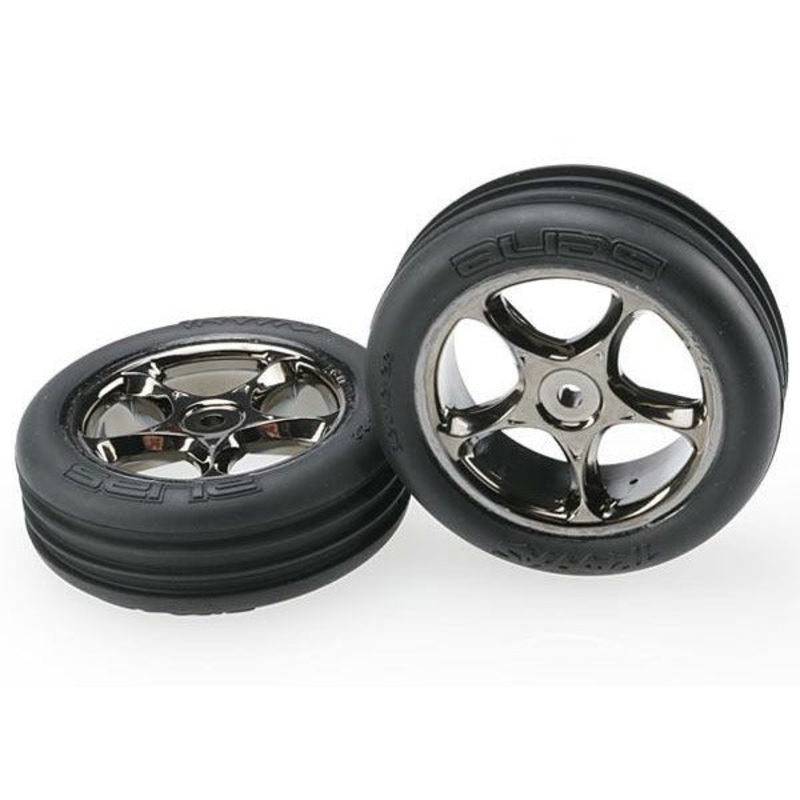 Traxxas Tires & wheels, assembled (Tracer 2.2 black chrome wheels, Alias ribbed 2.2 tires) (2) (Bandit front, medium compound TRA2471A