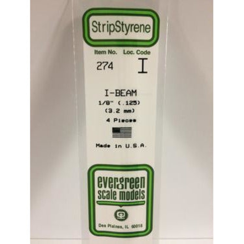 Evergreen #274 Styrene Shapes: I-Beam 1/8 4 pack 0.125 (3.2mm) x W: 0.069 (1.8mm) x FT: 0.011 (0.28mm) x WT: 0.019 (0.48mm)