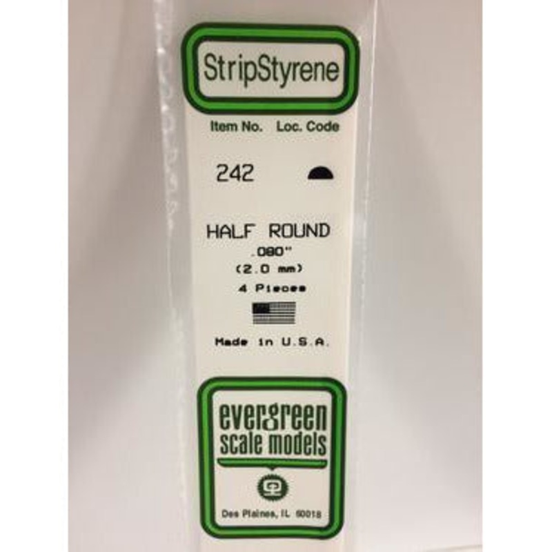 Evergreen #242 Styrene Shapes: Half Round 4 pack 0.080 (2.0mm) x 14 (35cm)