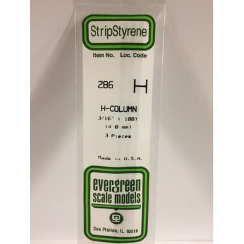 Evergreen #286 Styrene Shapes: H-Column 3 pack 3/16 0.188 (4.8mm) x W: 0.174 (4.4mm) x FT: 0.014 (0.35mm) x WT: 0.024 (0.60mm)
