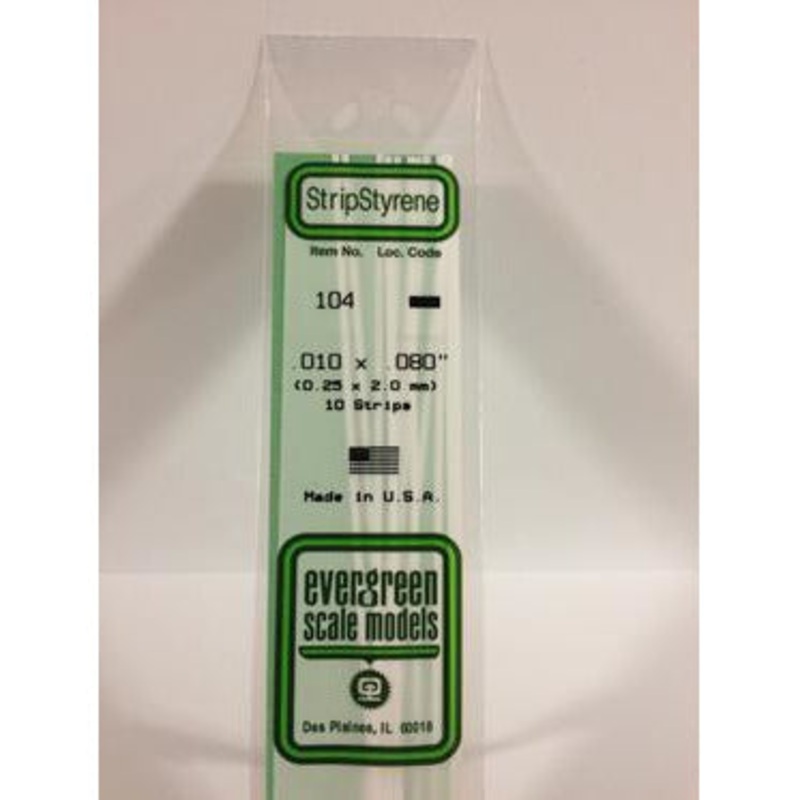 Evergreen #104 Styrene Strips: Dimensional 10 pack 0.010 (0.25mm) x 0.080 (2mm) x 14 (35cm)