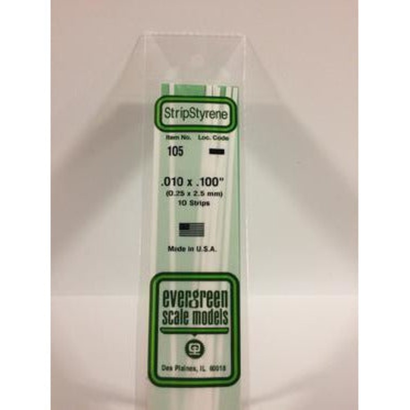 Evergreen #105 Styrene Strips: Dimensional 10 pack 0.010 (0.25mm) x 0.100 (2.5mm) x 14 (35cm)
