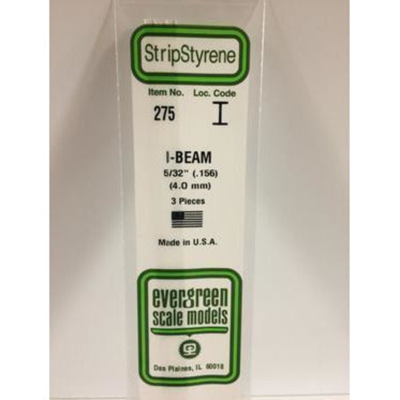 Evergreen #275 Styrene Shapes: I-Beam 3 pack 5/32 0.156 (4.0mm) x W: 0.081 (2.0mm) x FT: 0.012 (0.30mm) x WT: 0.021 (0.53mm)