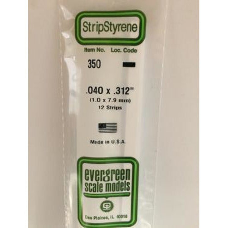 Evergreen #350 Styrene Strips: Dimensional 12 pack 0.040 (1.0mm) x 0.312 (7.9mm) X 24 (60cm)