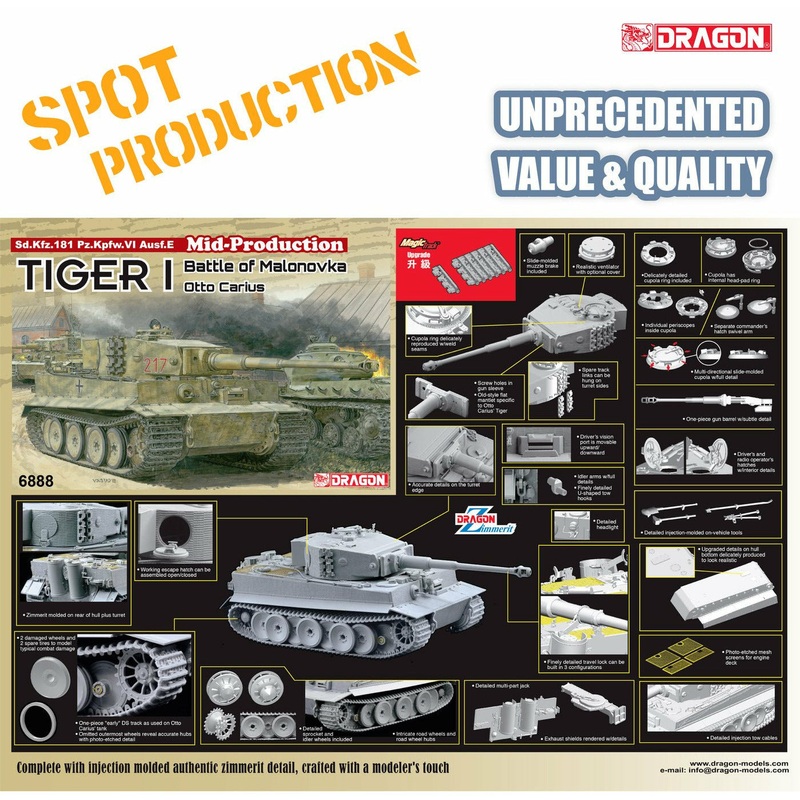 39-45 Series Sd.Kfz.181 Pz.Kpfw.VI Ausf.E Tiger I Mid-Production w/Zimmerit Battle Of Malonovka Otto Carius 1/35 #6888 by Dragon Models