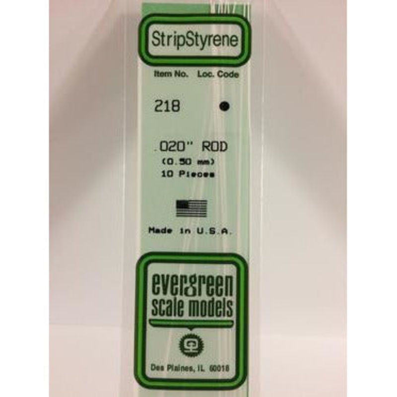 Evergreen #218 Styrene Rods: 10 pack 0.020 (0.5mm) OD x 14 (35cm)