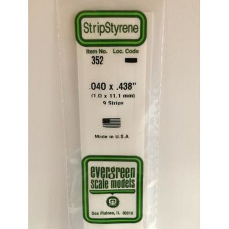 Evergreen #352 Styrene Strips: Dimensional 9 pack 0.040 (1.0mm) x 0.438 (11.1mm) X 24 (60cm)