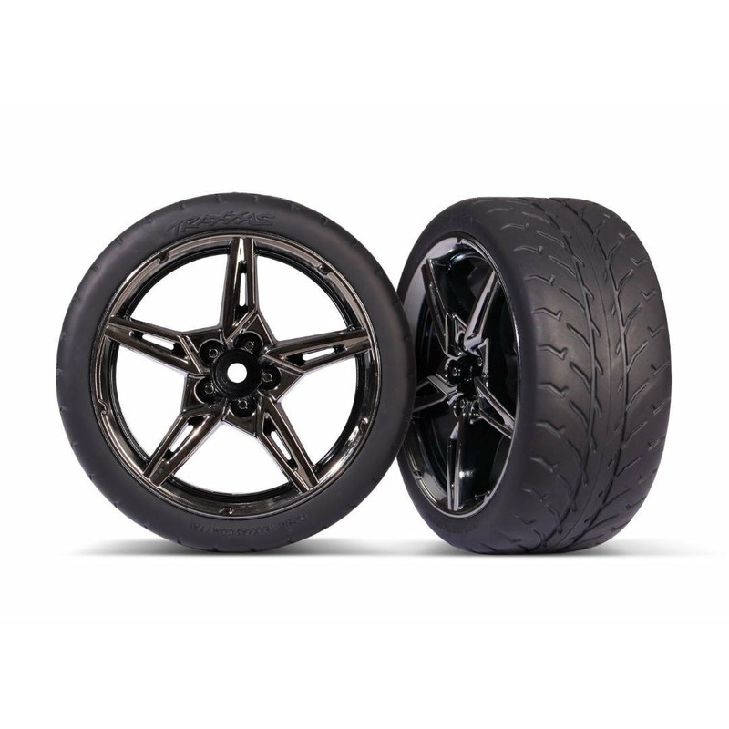 Traxxas Tires and wheels, assembled, glued (split-spoke black chrome wheels,1.9 Response tires) TRA9371