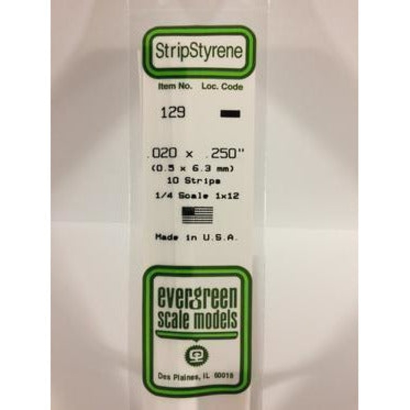 Evergreen #129 Styrene Strips: Dimensional 10 pack 0.020 (0.50mm) x 0.250 (6.30mm) x 14 (35cm)