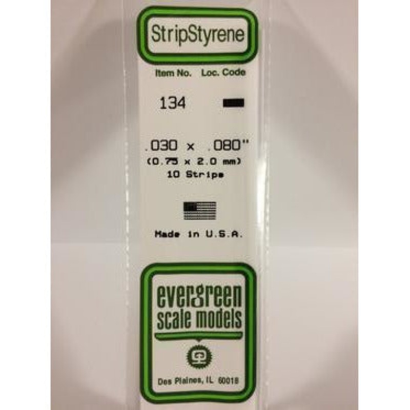Evergreen #134 Styrene Strips: Dimensional 10 pack 0.030 (0.75mm) x 0.080 (2.0mm) x 14 (35cm)