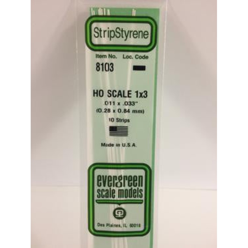 Evergreen #8103 – .011 X .033 Opaque White Polystyrene Ho Scale Strips (1×3)
