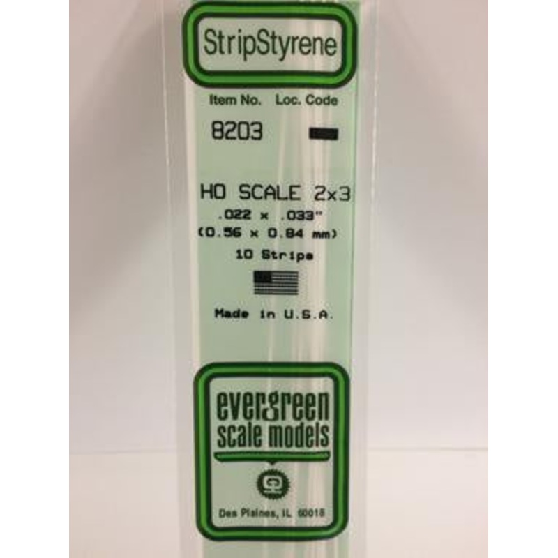 Evergreen #8203 – .022 X .033 / .6mm X .8mm Opaque White Polystyrene Ho Scale Strips (2×3)
