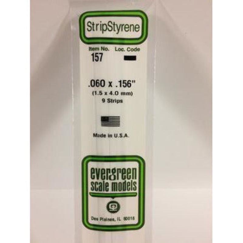 Evergreen #157 Styrene Strips: Dimensional 9 pack 0.060 (1.5mm) x 0.156 (4.0mm) x 14 (35cm)