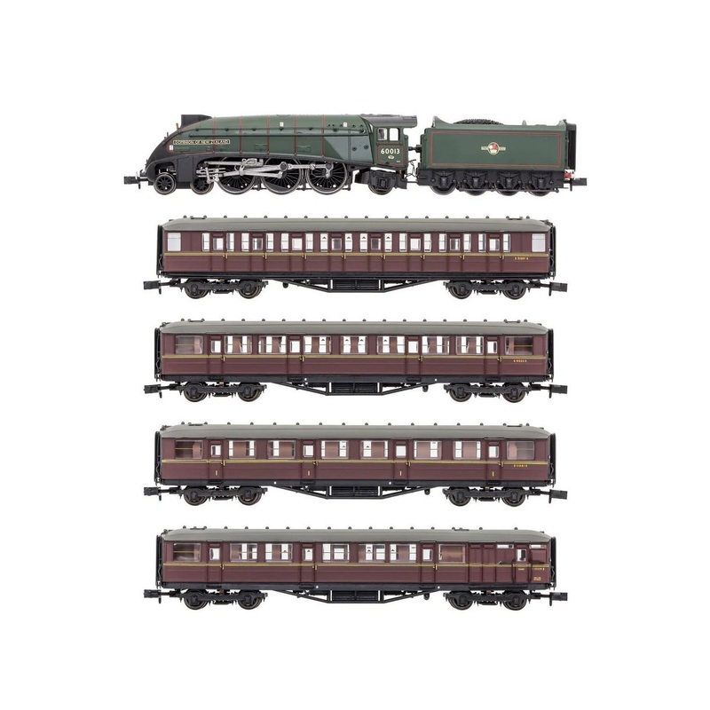 Train set steam locomotive A4 Dominion of New Zealand 60013 BR L/C + 4 Gresley passenger carriages