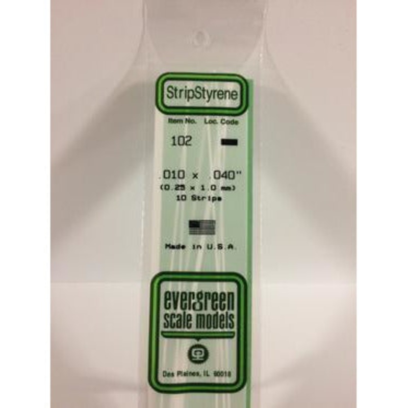 Evergreen #102 Styrene Strips: Dimensional 10 pack 0.010 (0.25mm) x 0.040 (1mm) x 14 (35cm)