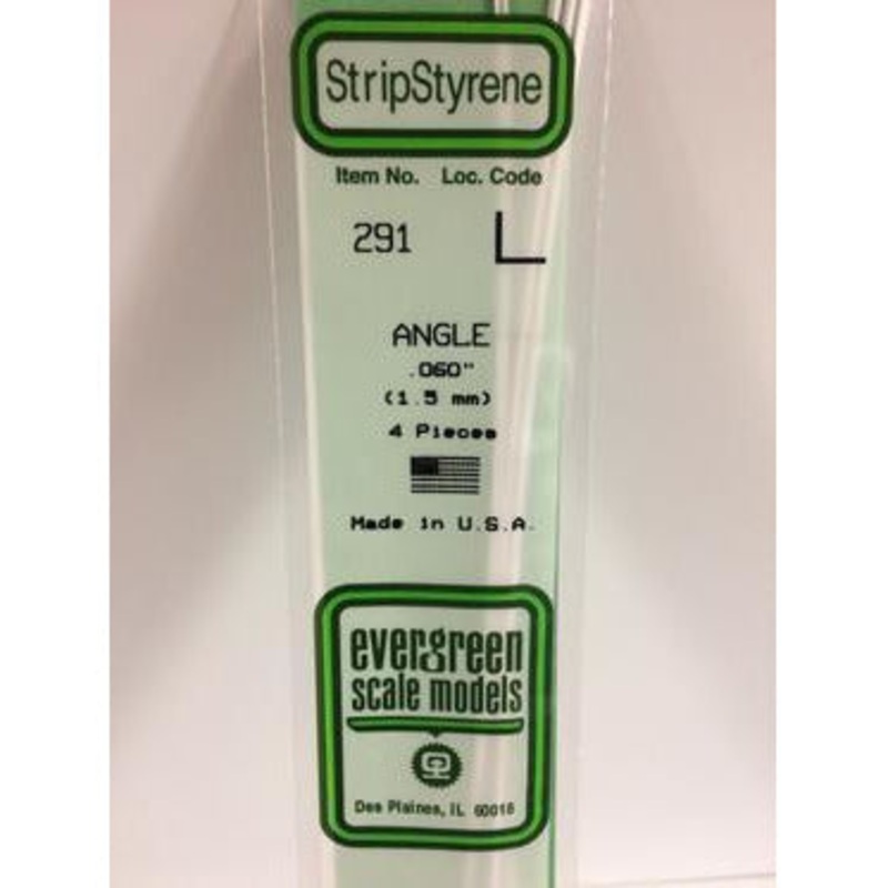 Evergreen #291 Styrene Shapes: Angle 4 pack 0.060 (1.5mm) x 0.060 (1.5mm) x 0.014 (0.35mm) Thick