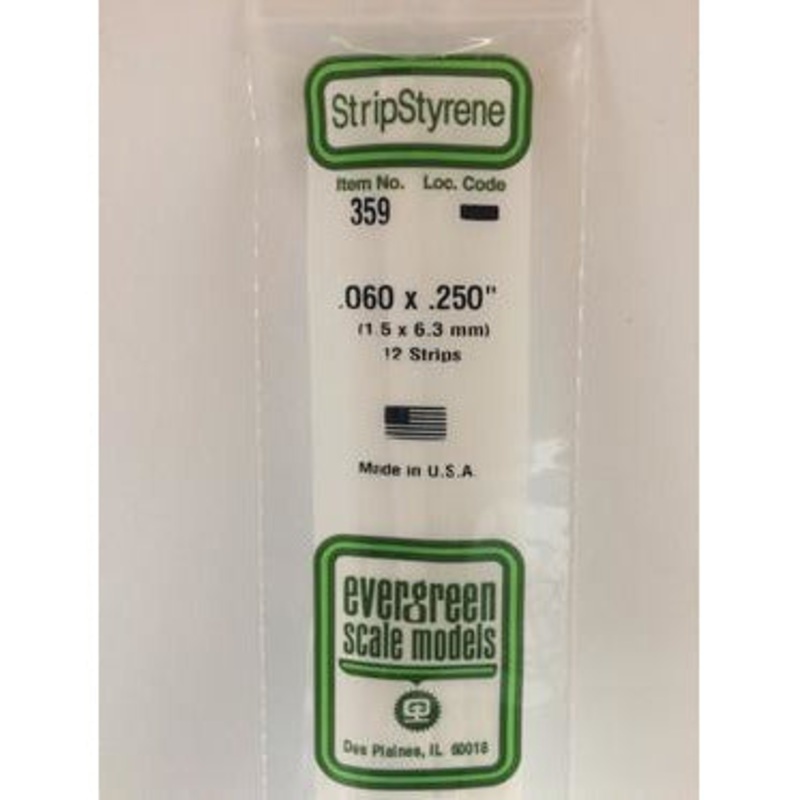 Evergreen #359 Styrene Strips: Dimensional 12 pack 0.060 (1.5mm) x 0.250 (6.3mm) x 24 (60cm)