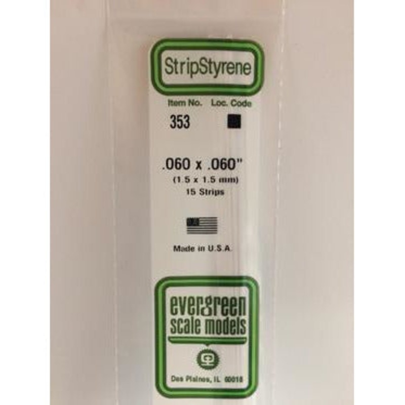 Evergreen #353 Styrene Strips: Dimensional 15 pack 0.060 (1.5mm) x 0.060 (1.5mm) x 24 (60cm)