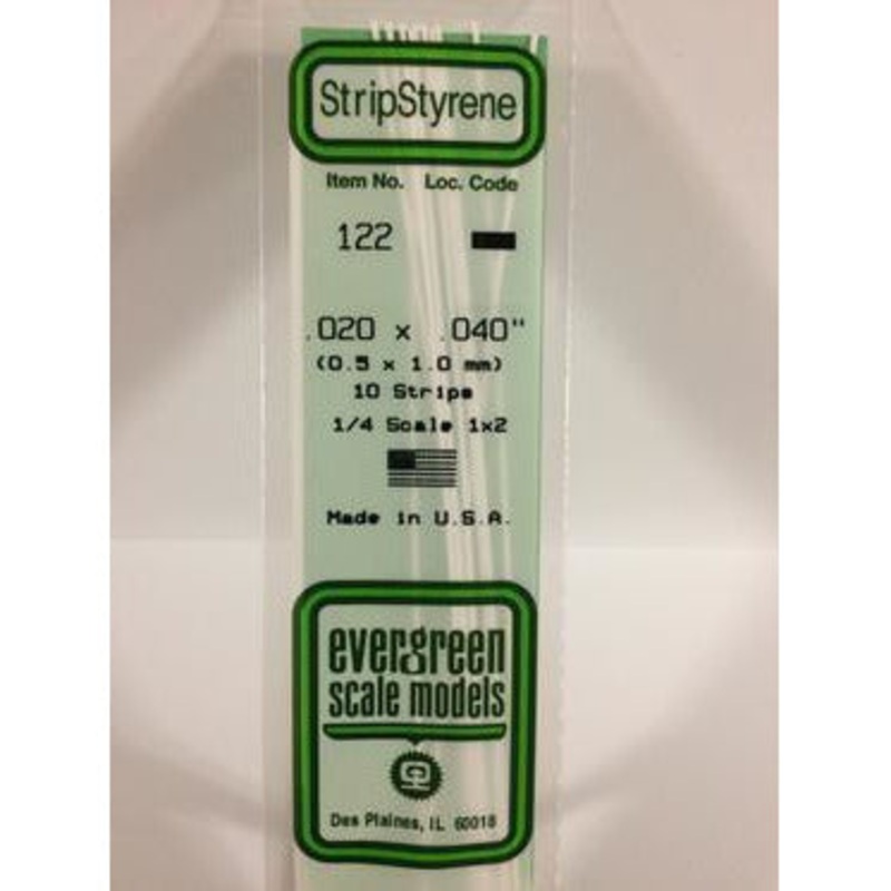 Evergreen #122 Styrene Strips: Dimensional 10 pack 0.020 (0.50mm) x 0.040 (1.0mm) x 14 (35cm)