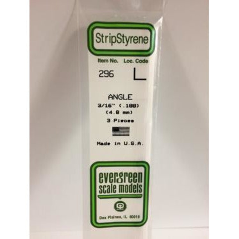 Evergreen #296 Styrene Shapes: Angle 3 pack 3/16, 0.188 (4.8mm) x 0.188 (4.8mm) x 0.026 (0.66mm) Thick