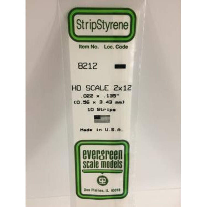 Evergreen #8212 Styrene Strips: HO 2×12 10 pack 0.022 (0.56mm) x 0.135 (3.43mm) x 14 (35cm)