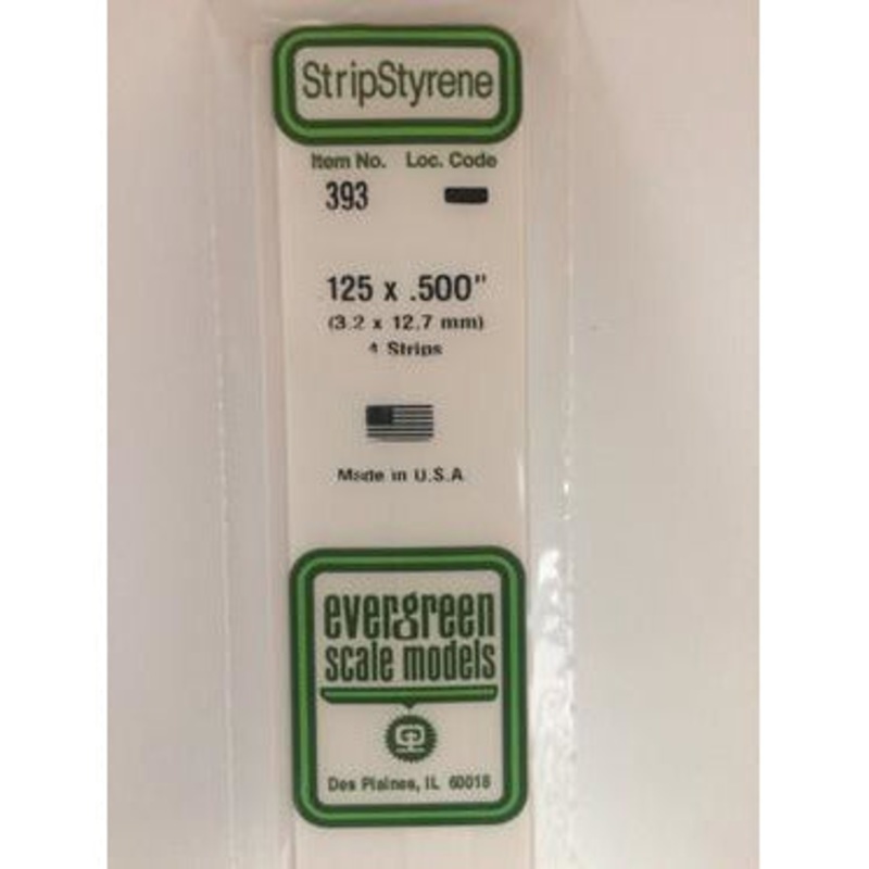 Evergreen #393 Styrene Strips: Dimensional 4 pack 0.125 (3.2mm) x 0.500 (11.1mm) x 24 (60cm)