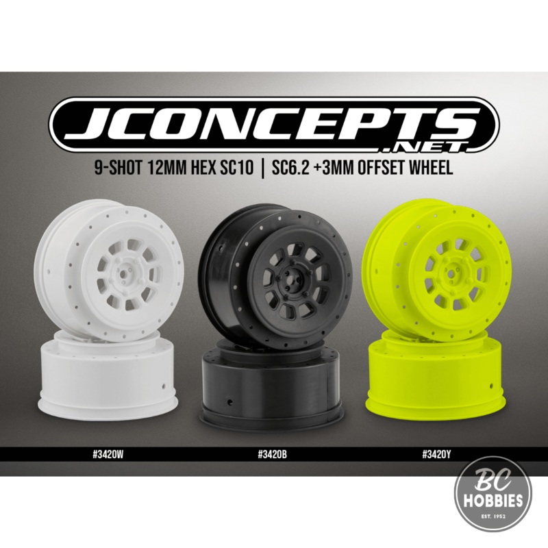 JConcepts 9-Shot Short Course Wheels w/3mm Offset (2) w/12mm Hex – Assorted Colours