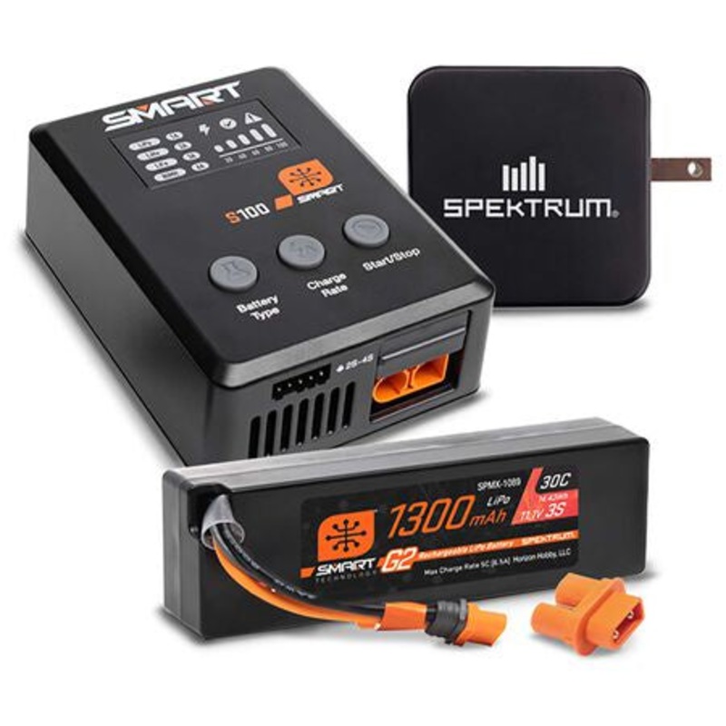 Spektrum Smart Powerstage Bundle: 1300mAh 3S 30C LiPo Battery (IC2) / S100 Charger / 65W Power Supply / Adapter – SPMXPSS315