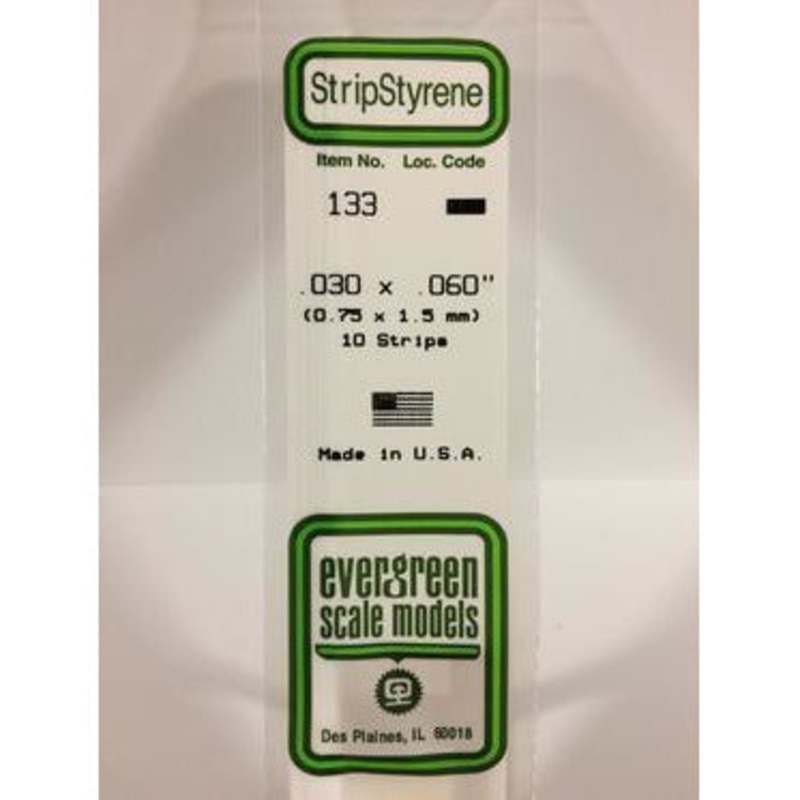 Evergreen #133 Styrene Strips: Dimensional 10 pack 0.030 (0.75mm) x 0.060 (1.5mm) x 14 (35cm)