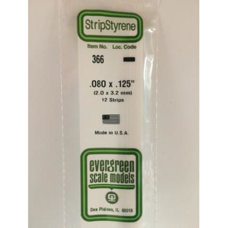 Evergreen #366 Styrene Strips: Dimensional 12 pack 0.080 (2.0mm) x 0.125 (3.2mm) x 24 (60cm)