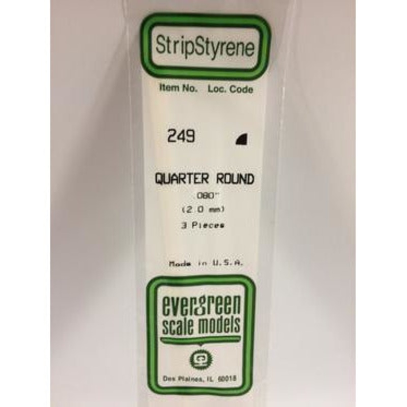 Evergreen #249 Styrene Shapes: Quarter Round 3 pack 0.080 (2.0mm) x 14 (35cm)