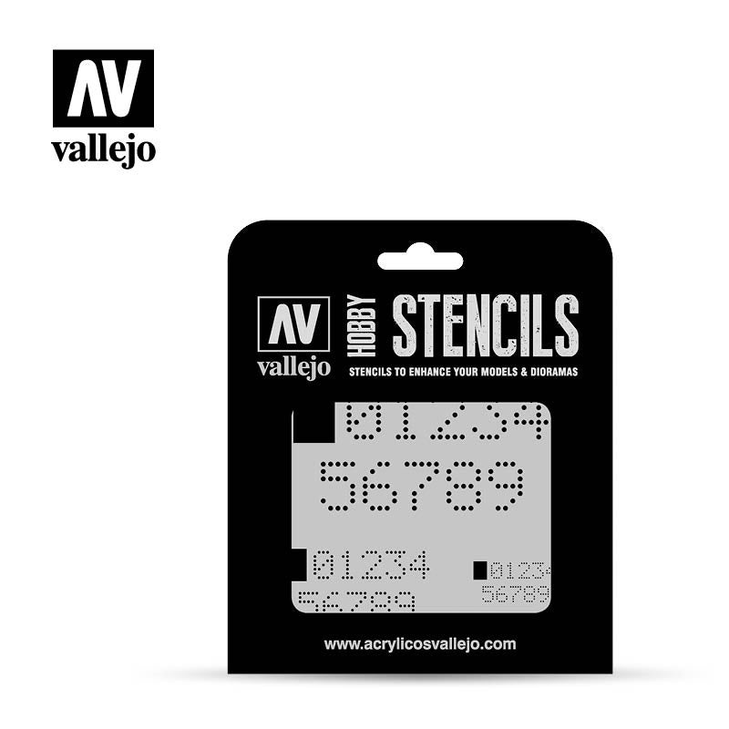 Vallejo Hobby Stencils|Splash & Stains|Digital Numbers 1/35|Petrol Spills 1/35|Honeycomb|Drum Oil Markings 1/35|Weathered Paint 1/48|Weathered Paint 1/72|Stamp Font 1/35|Street Art Number 1 1/35|Circle Textures|Radioactivity Signs|Tire Marking 1/35|Vintag